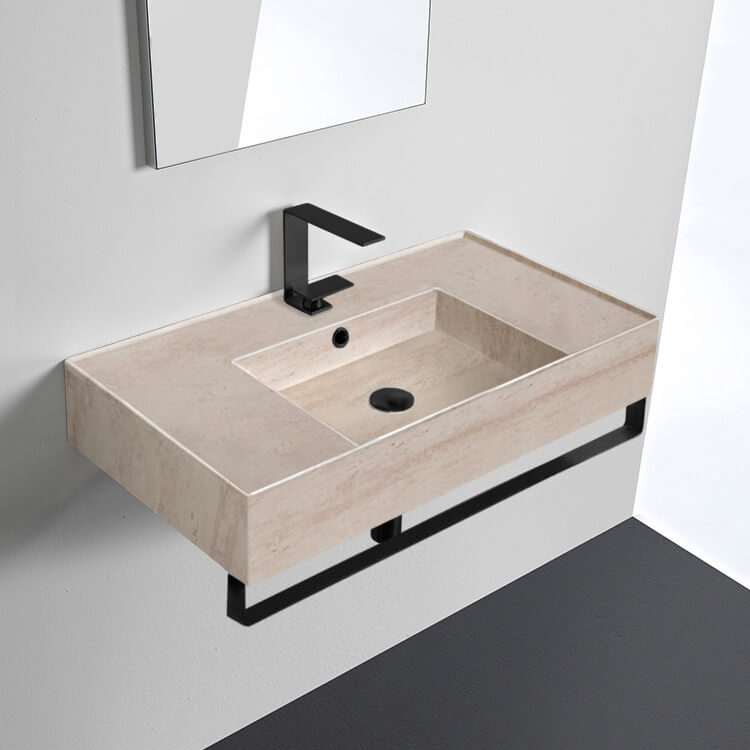 Scarabeo 5123-E-TB-BLK-One Hole Beige Travertine Design Ceramic Wall Mounted Sink With Matte Black Towel Bar